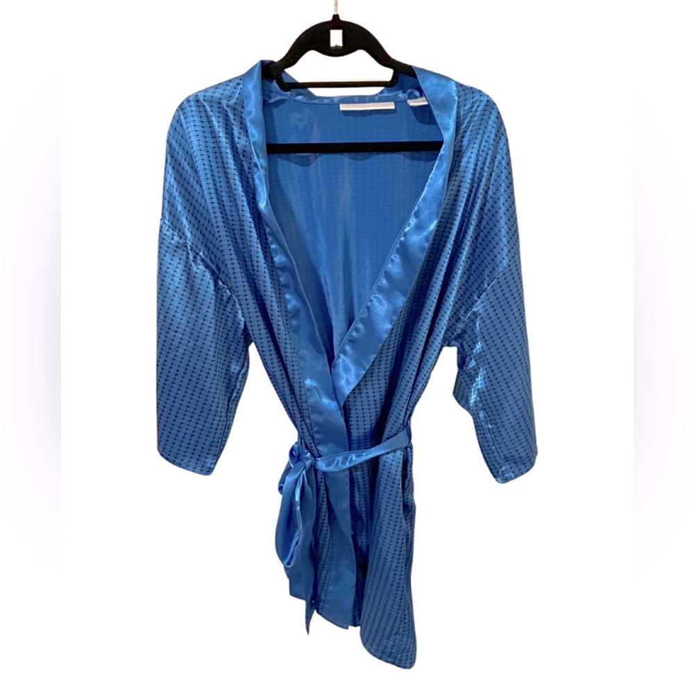 Vintage Erika Taylor Houndstooth Satin Robe with Belt | Size M | Blue/Black